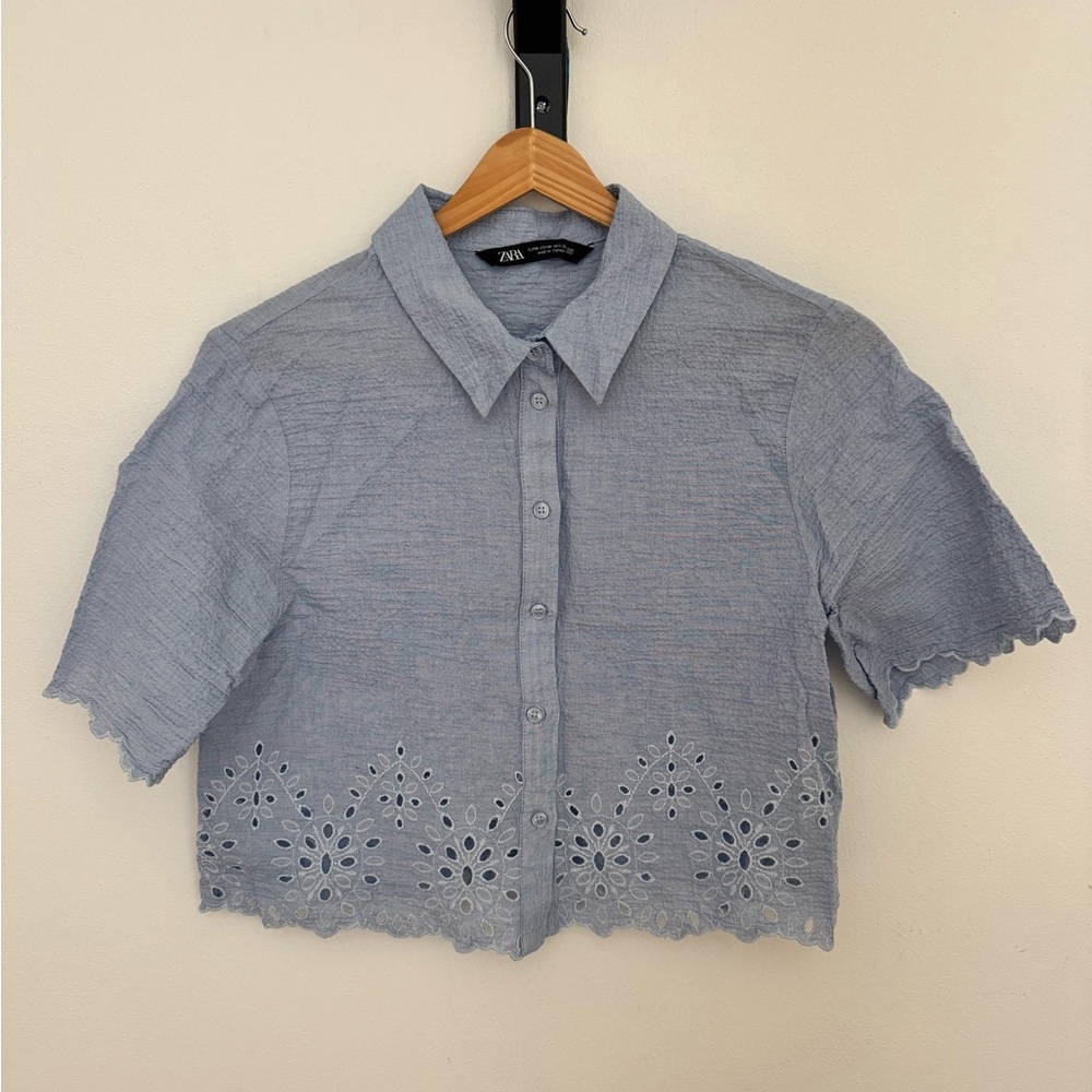 Zara Light Blue Cropped Eyelet Blouse